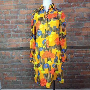 VTG Grasshopper Shirt Dress Pointy Collar Bold Print  Long Sleeves Size S